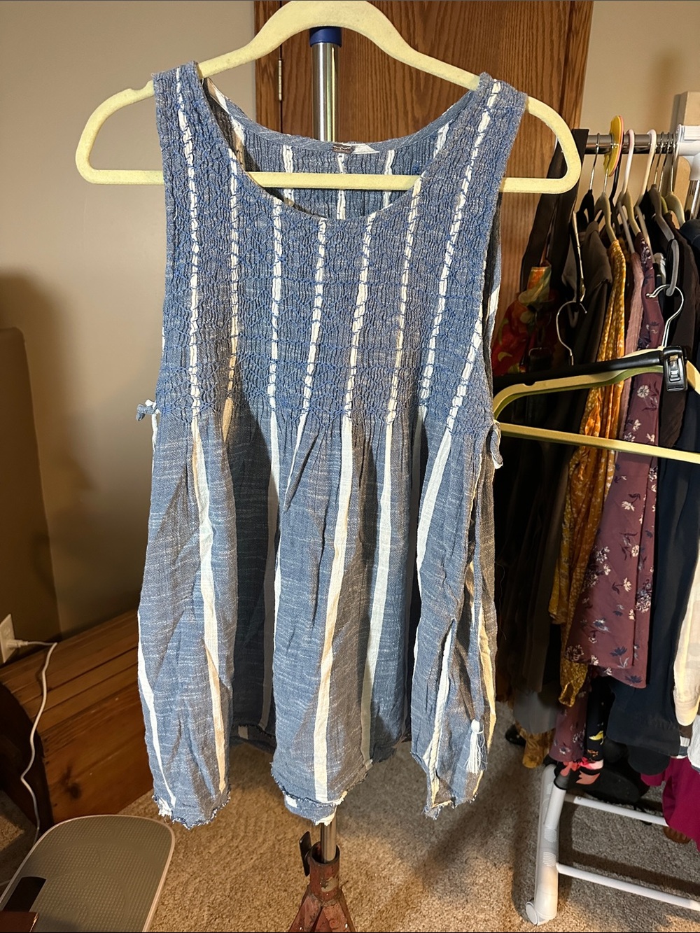 Free People Blue and White Striped Smocked Tank